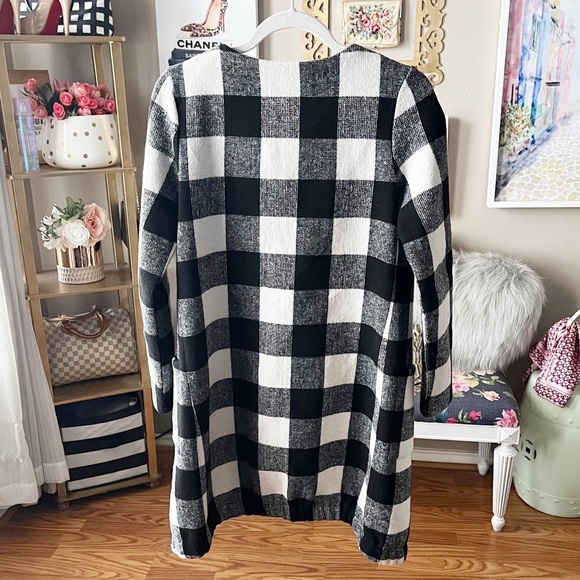 Fall Black & White open front checkered plaid long coat jacket size XS - Picture 3 of 12